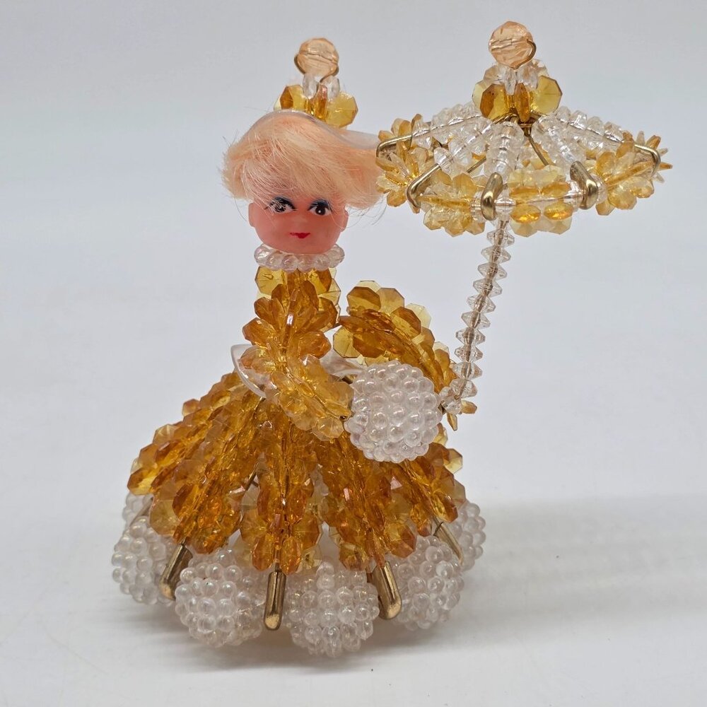 Vintage Handmade Beaded Figurine Parasol Amber & Clear Colors Doll Decoration